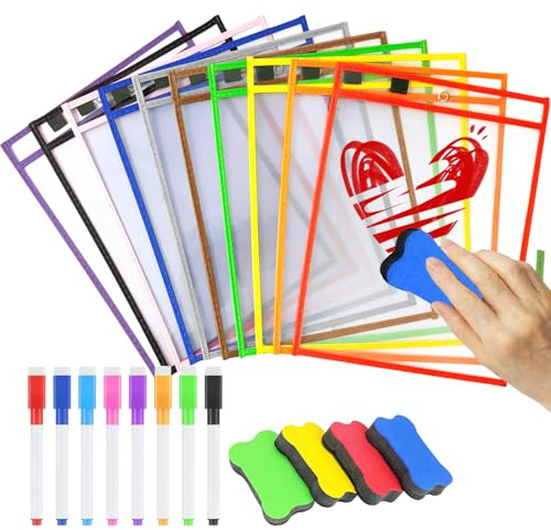 10 Piezas Fundas de Plástico A4 Transparentes Reutilizables - Bolsillos de Borrado en Seco - Dry Erase Pockets