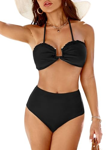 BMJL Womens High Waisted Bikini Sets Sexy Tie Knot Halter Two Piece Swimsuit Tummy Control Floral Print 2 Piece Swimsuit(L,Black)