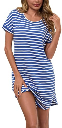 Litherday Chemise de Nuit Femme Rayé Manche Dolman Coton Robe de Nuit Col Rond Nuisette avec Poches Vêtement de Nuit Grande Taille Casual