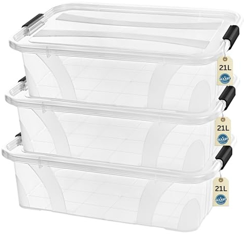 Aufbewahrungsboxen mit Deckel, 7L 14L 21L 32L 55L 80L Plastik Boxen Klickverschluss Stapelboxen 1er/3er Sets Lebensmittelecht Transparent Haushalt & HLKauf-Block (3er-Set 21-Liter & 1x HLKauf-Block)