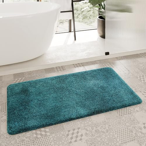 Homie Living Badteppich, Badematte kuscheliger Flauschiger weicher Flor l rutschfest und Waschbar Porto Azzurro (70 x 120 cm, Petrol grün)