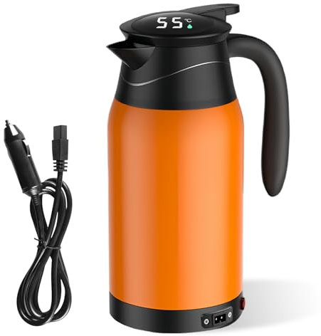 Hervidor de Agua para Coche 12V, 1000 ml Hervidor de Agua Electrico para Coche Hervidor de Agua Viaje de Acero Inoxidable Portátil y a Prueba de Fugas con Indicador de Temperatura