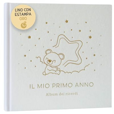 Album Nascita Bambina e Bambino Il Mio Primo Anno Copertina In Lino e 75 Pagine + Adesivi | Libro Ricordi Neonato Ideale per Regali Nascita Bimba/o | Album Fotografico Neonato per Regali Baby Shower