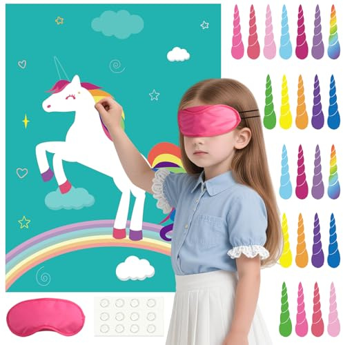 PLULON Pin The Horn On The Unicorn for Kids Birthday Party Game, Unicorn Party Supplies Favors Girls Rainbow Birthday Decorations Poster Home Family Wall Decorations for Girl Boy Classroom Activities