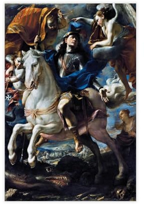 Mattia Preti - Poster su tela con San Giorgio a cavallo, decorazione per camera da letto, ufficio, cucina, regalo, 50 x 75 cm