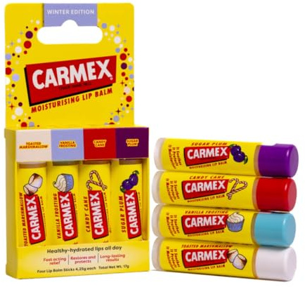 Carmex Lip Balm Set – Pack of 4 | Marshmallow, Vanilla, Candy Cane & Sugar Plum | 24H Hydration | Visibly Softer Lips After 1 Use | Travel-Friendly| Clinically Proven to Reduce Dryness & Fine Lines
