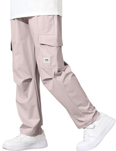 Rolanko Pantaloni Cargo da Ragazzo con Vita Elastica, Pantaloni da Jogging Sportivi Leggeri ad Asciugatura Rapida con Multitasche per Bambini, Grigio Viola, Taglia: 140/9-10 Anni