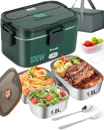 Eocolz Electric Lunch Box Food Heater 100W, Food Warmer with Dual Container 1.8L Portable Heated Lunch Box for Car Truck Work Stainless Steel Fork & Spoon 12/24/110V for Adults Lonchera Eléctrica