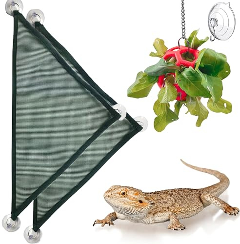 Bearded Dragon Reptile Hammock Enrichment Cage Accessories, Bearded Dragon Feeder Ball and Breathable Mesh Hammock, Lizard Hammocks Lounger Bed Rest and Feed Toy, Reptile Tank Accessories (Red)
