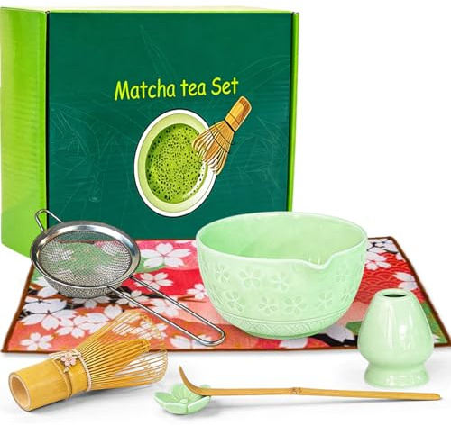 Matcha Set di 7 scope Matcha con ciotola in ceramica, frusta in bambù, frusta in bambù, cucchiaino da tè, porta cucchiaio in ceramica, colino e accessori, perfetto per gli amanti del matcha