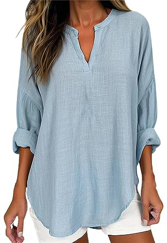 IQYU Dam långskjorta ledig för leggings 3/4 arm: linneblus sommar oversize muslin blus V-ringad linneskjorta stor storlek linne topp vita blusar lång blus sommarskjortor tunika