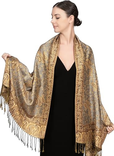 Achillea - Bufanda reversible tipo pashmina de cachemira, chal para vestidos de noche, bufandas indias exóticas para todas las estaciones, gris/bronce , 28W x 76L