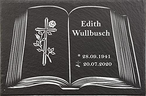 Urnengrabstein Buchmotiv mit Kreuz, Grabstein, Gedenkstein mit personalisierter Lasergravur, Naturschieferstein, 30 x 20cm 100% witterungsbeständig