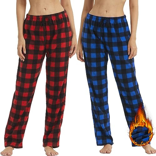 2 Pack Pyjama Bottoms Womens Thick Fleece Lounge Pants Winter Checked Pjs Loungewear Ultra Soft Drawstring Sleepwear Fluffy Pyjamas for Women Pj Trousers