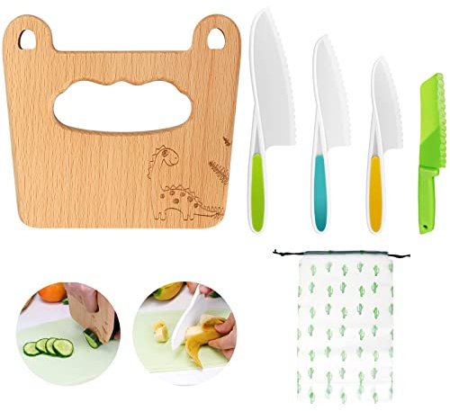 Goodchef Set di 5 coltelli da cucina per bambini per tagliare e cucinare frutta o verdura per bambini piccoli, con coltello in legno a prova di bambino a partire dai 2 anni (dinosauro a foglia)