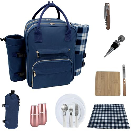Truvelli Picknickrucksack für 2 mit Decke - 12-in-1 Isolierter Picknickkorb Rucksack-Set mit Weinhalter, Besteck & Käsebrett - Luxus Picknickrucksack für Paare, Outdoor-Abenteuer, Blau