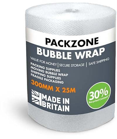 PackZone Bubble Wrap Roll 300mm x 25m Premium Quality Large Polythene Wrap Roll for Moving House, Packing Boxes, Shipping & Storage, Heavy-Duty Eco Bubble roll for Office and Industrial Use