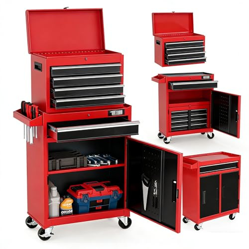 TUFFIOM 5-Drawer Rolling Tool Chest, Tool Storage Cabinet w/Drawers, Lockable Wheels, Detachable Top & Adjustable Shelf, Mechanic Tool Organizer Box for Garage, Workshop, Warehouse & Repair Shop