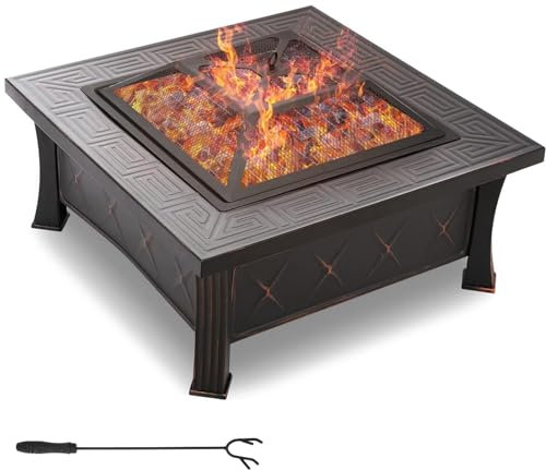 TLGREEN Brasero Exterieur, Foyer Barbecue, 3 en 1 Carré avec Housse Étanche, Grille et Tisonnier Pare-étincelles, pour Le Jardin, Camping, Chauffage de terrasse, 81x81x51 cm