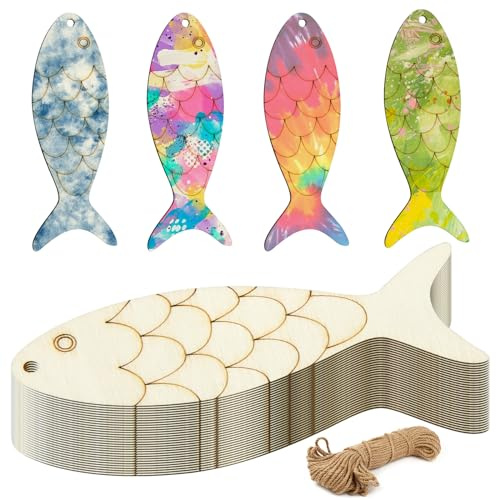 30 piezas de recortes de peces de madera para manualidades,madera recortada en forma de pez,recortes de madera en forma de pez para manualidades con cuerda de cáñamo,Fish Shaped Wood adornos colgantes