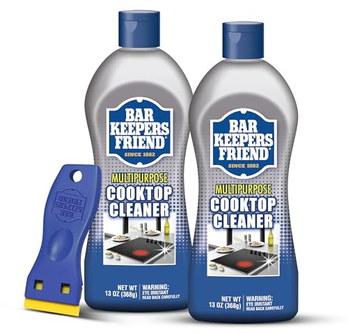 Bar Keepers Friend Cooktop Cleaner (2 x13 oz) + Scraper - Multipurpose Liquid Stovetop Cleanser, Safe for Use on Glass & Ceramic Cooking Surfaces, Copper, Brass, Chrome, Stainless Steel & Porcelain