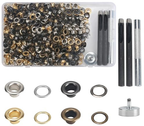 KJLEEN Kit di 480 occhielli da 5 mm, kit di punzonatrici per occhielli, oro, argento, nero, bronzo, metallo, set di pinze per occhielli in ottone, per tela, tessuto, cinture, borse, abbigliamento