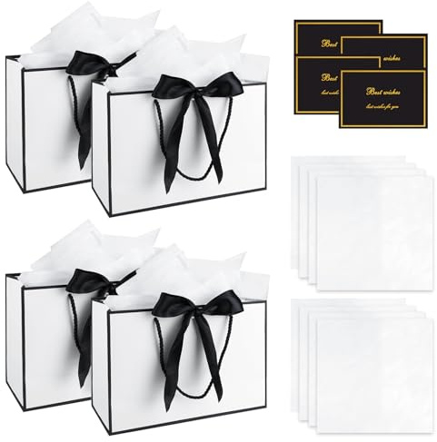 GHVACZS 4 stycken presentpåsar, presentpåsar med band + gratulationskort + näsdukar, presentpåse, lämplig för födelsedagar, bröllop, fester (Whiteblack)