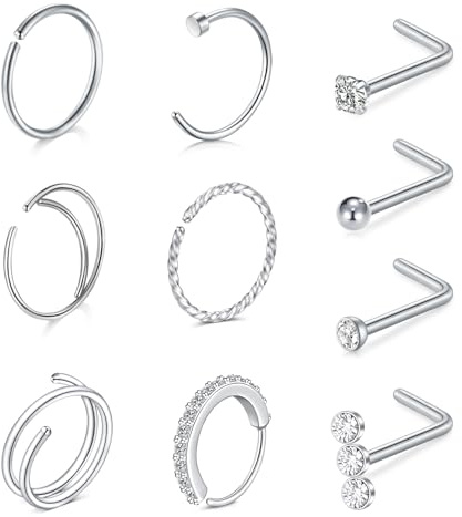 WillTen 10Pcs Nose Rings L Shaped Nose Studs Silver, 20G Nose Rings Hoops Nose Screw Studs Stainless Steel Corkscrew Nose Studs Nostril Nose Piercing Jewelry C Shape Nose Hoops for Women