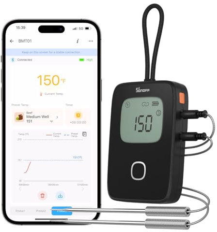 SONOFF BMT01 Fleischthermometer, Bratenthermometer Digital Mit 2 Sonden, Timer und Voreingestelltem Alarm, Smart LCD Thermometer Kochen for Grill, Smoker, Ofen, BBQ