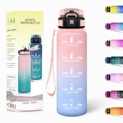 Botella Agua, 1000ML Con Paja, Botella de Agua, Cantimplora Gimnasio, Botellas Motivacional con Marcador de Tiempo, Botellas Agua Deporte, A Prueba de Fugas para Oficina, Gimnasia - Rosa&Azul cielo