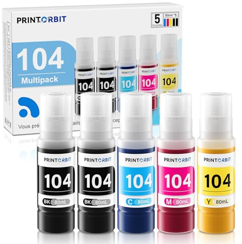 PRINTORBIT 104 Encre Compatible pour ET-2870 ET-2810 ET-1810 ET-2820 ET-2710 ET-2812 104 Bouteille D’Encre Multipack pour ET-2876 ET-2821 ET-2825 ET-2720 ET-4800 Imprimante