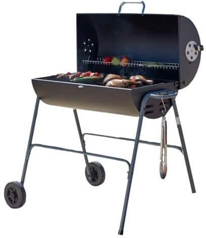 Charcoal Barrel BBQ – Portable Barbecue with Warming Rack, Wheels, Large Porcelain-Coated Steel Non-Stick Cooking Grill, Air Vents – 2 in 1 Barbeque and Smoker