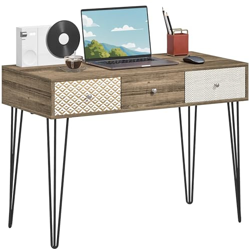 HOMCOM Escritorio Bohemio con Patas Horquilla y 3 Cajones 105x50x75 cm | Mesa de Escritorio, para Oficina, Tocador, Dormitorio, Madera