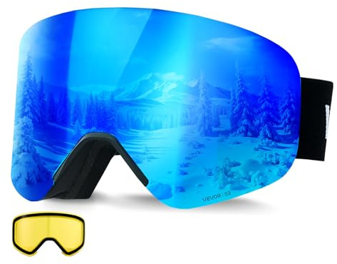 VEVOR Frameless Ski Goggles, Magnet Cylindrical Lens with Dark Blue Revo Coating, OTG Anti fog Snow Goggles for Men Women, TPU Frame & Ventilation Structure, Fit for Skiing, Skating, Snowboarding