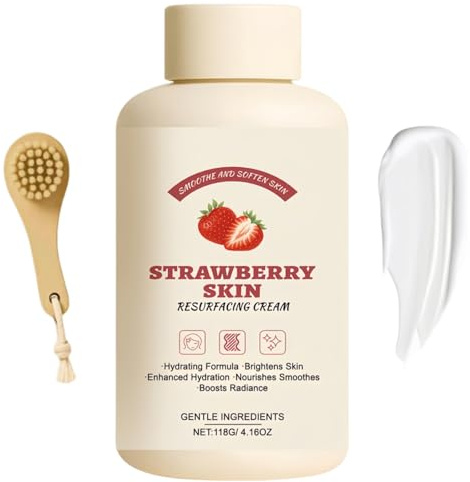 Strawberry Hautpflegecreme mit Peeling Badebürste, ultrastarke Peeling-Resurfacing-Creme mit Dreifach-Säurekomplex für raue und unebene Haut, verbessert Hautton und struktur (118g)