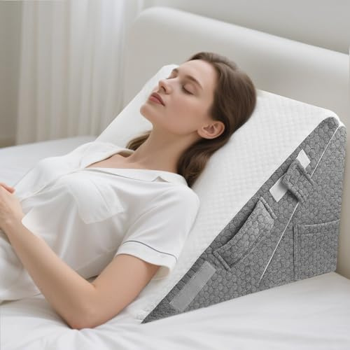 Eirolace - Cojín para cama, almohada triangular ergonómica, con memoria de forma, para apnea del sueño, cojín de esquina, ronquidos, reflujo ácido, elevación de las piernas (blanco gris)