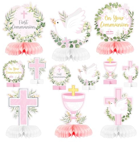 Goiern 12 Pezzi Nido d'Ape Centri per Celebrazione Prima Comunione Rosa Croce Battesimale Decorazioni Religiose per Tavolo Accessori Fotografici Festa Neonati Maschi Femm