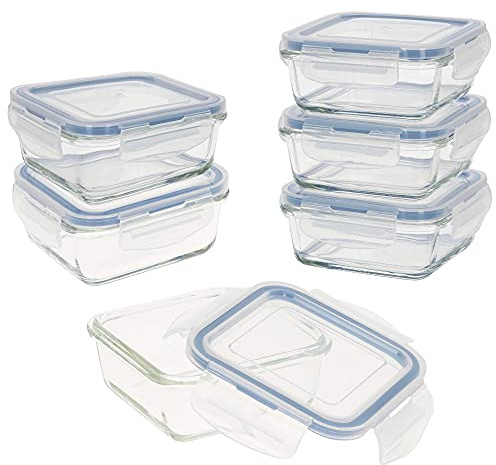 AKTIVE 47 Confezione da 12 ermetici in Vetro, Adatti per microonde, Chiusura, coperchi Trasparenti, Alimenti, contenitori Quadrati, 12.4 x 12.4 x 5.5 cm (330 ml)
