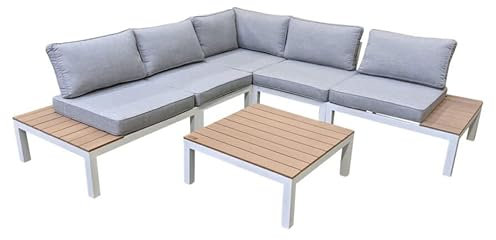 Home Islands Laos modular Loungeset 6-teilig Gartenmöbel-Set Ablagen Holzimitat, Aluminium weiß