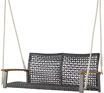 GOPLUS Rattan Hängebank 2-Sitzer, Schaukelbank mit Armlehnen aus Massivholz, Gartenschaukel mit Haken & Schnur, Gartenbank zum Aufhängen, Hängeschaukel für Garten
