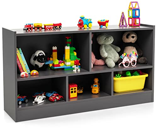 HOMASIS 2-stöckig Spielzeugschrank mit 5 Fächern, Kinderregal Bücherregal aus Holz, offen Aufbewahrungsregal Spielzeugregal für Kinderzimmer Spielzimmer Schlafzimmer, 111 x 30 x 61,5 cm (Dunkel Grau)