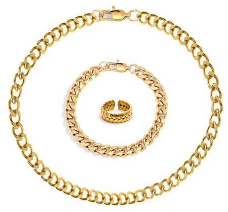 DGUSO Goldkette Herren - Hochwertige Edelstahl Kette, Klassische Panzerkette, Cuban Link Chain 55cm | 4mm, mit Gold Armband und Herren Goldring