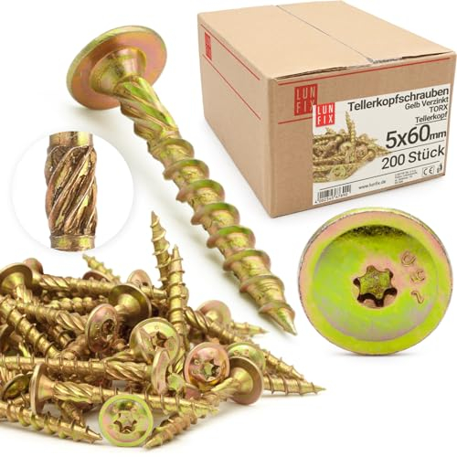 Tornillos para madera 5,0 x 60 mm (200 Uds.), torx TX40, cabeza arandela, tornillo autorroscante, galvanizado amarillo, con aletas fresadoras, fijación terraza, uso construcción, aglomerado, Lun Fix