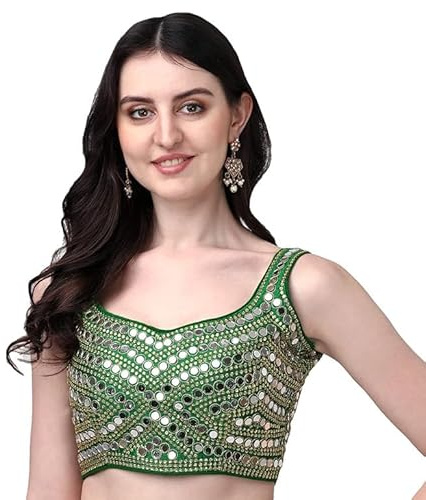 IMTRA FASHION Women Phantom Silk Saree Blouse Mirror Sequins Work Choli Crop Top Dark Green