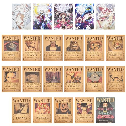 BJPERFMS Poster One Piece Affiche, 18 PCS Avis de Recherche One Piece Wanted, Poster Manga, New Bounty Wanted Edition, Prime Gear Ruffy, Kits de Collage Mural