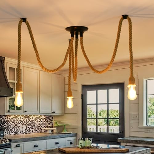ANWIO 3 Head Rope Spider Light, Gold Rope Ceiling Light,DIY Rope Pendant Lighting Ceiling,Bedroom Lights Shades,Industrial Hanging Ceilings Fitting,Led Spider Shaped Chandelier,Loft Lighting（1PCS）