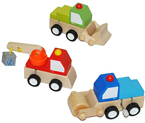 alles-meine.de GmbH 3 STK. Aufziehauto aus Holz - Auto zum Aufziehen und Fahren - Holzauto Autos Kipper Bagger LKW Kran - Aufziehfahrzeug/Fahrzeug - für Kinder