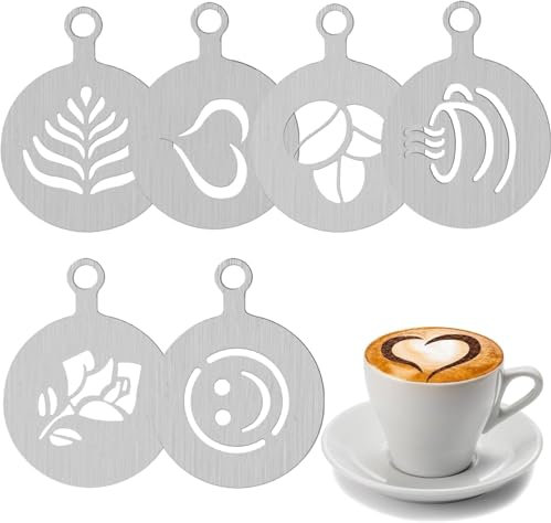 Kaffeeschablonen aus Edelstahl, 6 Pcs Cappuccino- und Latte Art-Schablonen für Kaffee-Dekoration und Tortenschablonen