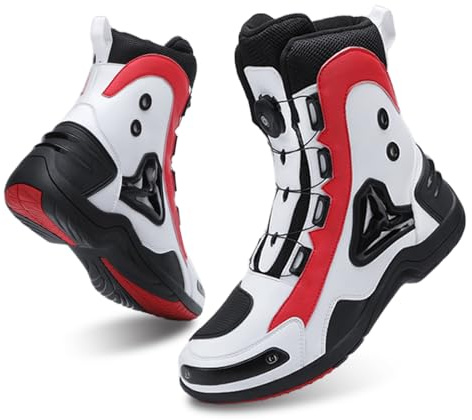 FHQGZT Chaussures de Moto pour Homme et Femme, Bottes de Moto Motard en Cuir Respirant avec Maintien de la Cheville, Semelles antidérapantes hydrofuges (White,44)