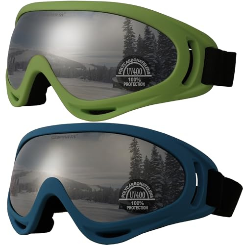 OUTDOORSPARTA 2-Pack Ski Goggles Snow Sports Goggles Snowboarding Goggles Motocycle Glasses for Men Women Youth Kids Boys Girls (8. Green Frame, Silver Lens; Blue Frame, Silver Lens)